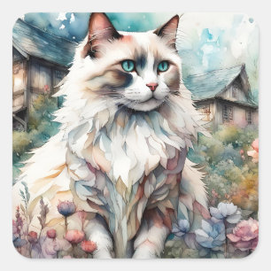 Ragdoll Cat in English Garden Quadratischer Aufkleber