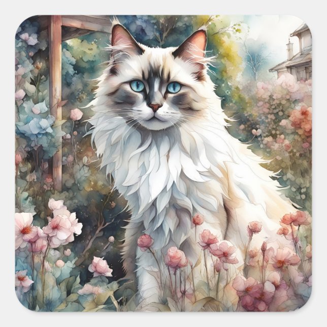 Ragdoll Cat in English Garden Quadratischer Aufkleber (Vorderseite)