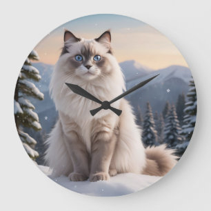 Ragdoll Katze auf dem Snowy Mountain mit Serene Wi Große Wanduhr