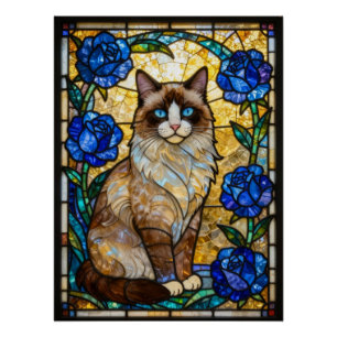 Ragdoll-Katze Buntglas Blaue Rosen Kunstprint Poster