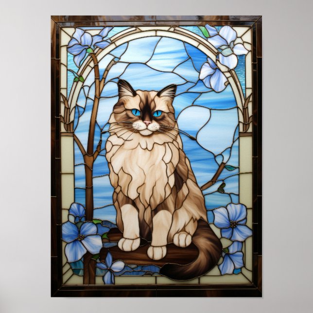 Ragdoll-Katze Buntglasfenster mit blauen Blumen Poster (Vorne)