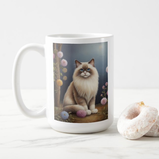Ragdoll Katze im Garten Fluffy Pet Illustration Kaffeetasse (Mit Donut)