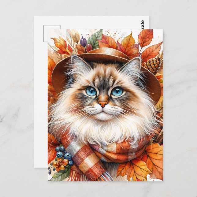 Ragdoll Katze im Herbst - Karpfen mit Herbstlauben Postkarte (Vorne/Hinten)