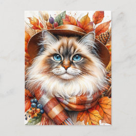Ragdoll Katze im Herbst - Karpfen mit Herbstlauben Postkarte