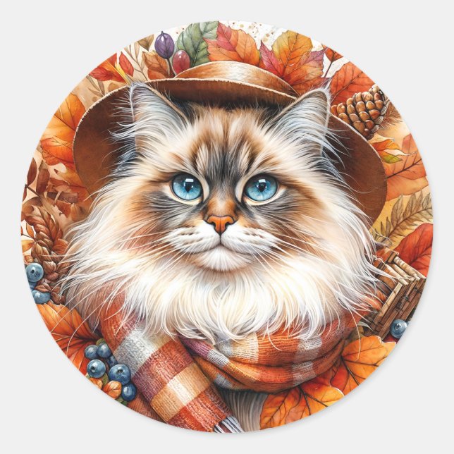 Ragdoll Katze im Herbst - Karpfen mit Herbstlauben Runder Aufkleber (Vorderseite)