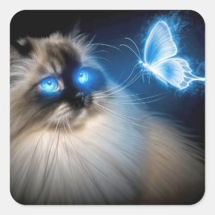 Ragdoll Katze mit blauem Neoplattfliege Quadratischer Aufkleber
