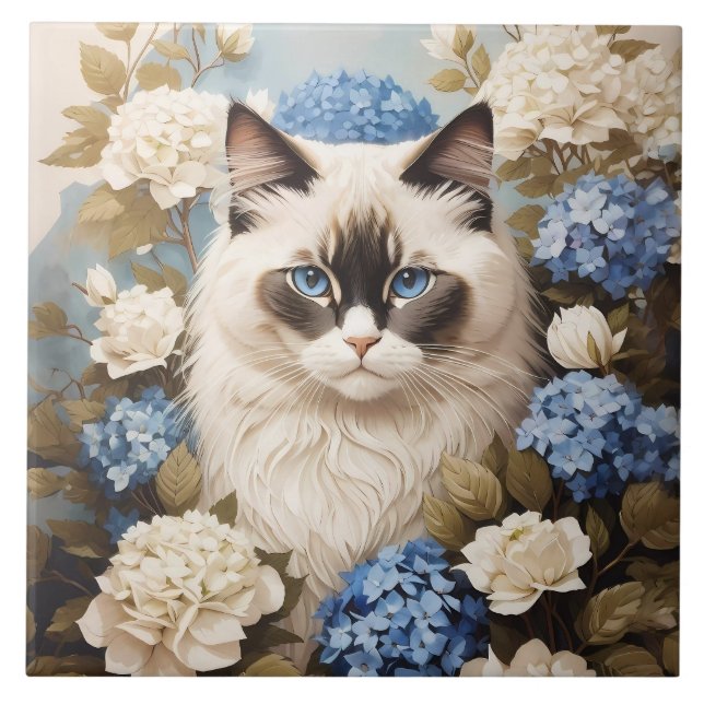 Ragdoll Katze mit Blue Hydrangea-Blume Fliese (Vorderseite)