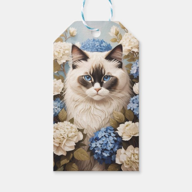 Ragdoll Katze mit Blue Hydrangea-Blume Geschenkanhänger (Vorderseite)