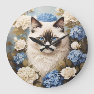 Ragdoll Katze mit Blue Hydrangea-Blume Große Wanduhr