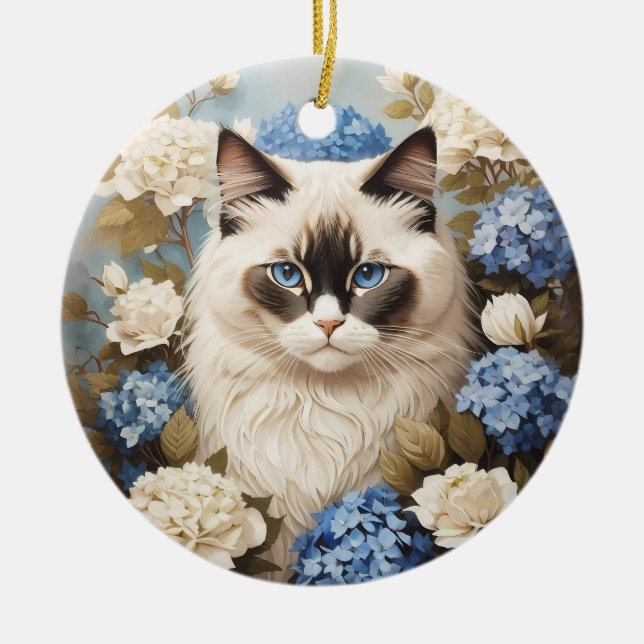 Ragdoll Katze mit Blue Hydrangea-Blume Keramik Ornament (Vorne)
