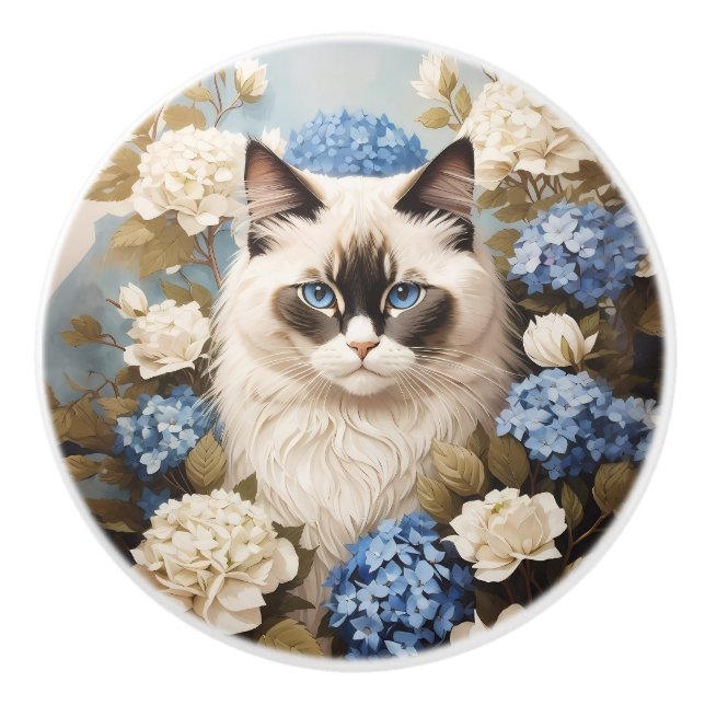 Ragdoll Katze mit Blue Hydrangea-Blume Keramikknauf (Vorderseite)