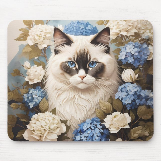 Ragdoll Katze mit Blue Hydrangea-Blume Mousepad (Vorne)