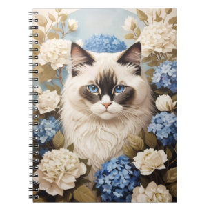 Ragdoll Katze mit Blue Hydrangea-Blume Notizblock