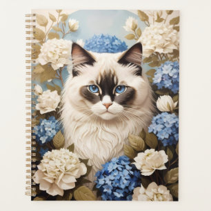 Ragdoll Katze mit Blue Hydrangea-Blume Planer