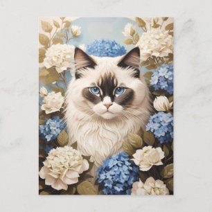 Ragdoll Katze mit Blue Hydrangea-Blume Postkarte