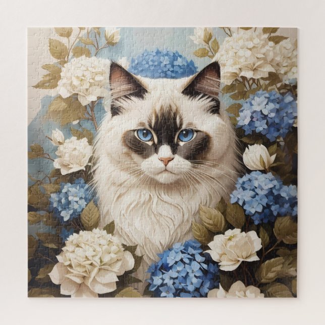 Ragdoll Katze mit Blue Hydrangea-Blume Puzzle (Vertikal)