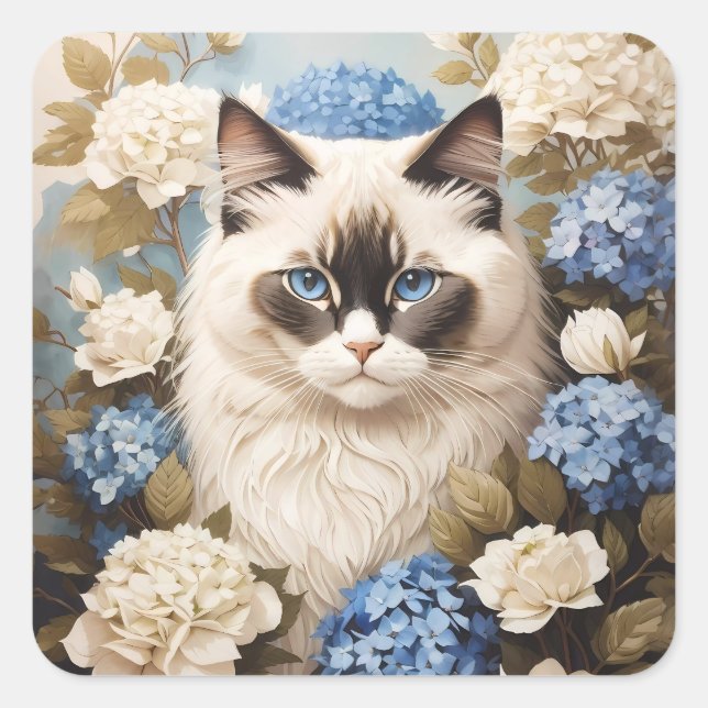Ragdoll Katze mit Blue Hydrangea-Blume Quadratischer Aufkleber (Vorderseite)