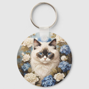 Ragdoll Katze mit Blue Hydrangea-Blume Schlüsselanhänger