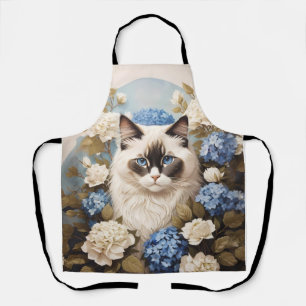 Ragdoll Katze mit Blue Hydrangea-Blume Schürze