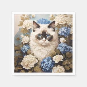 Ragdoll Katze mit Blue Hydrangea-Blume Serviette