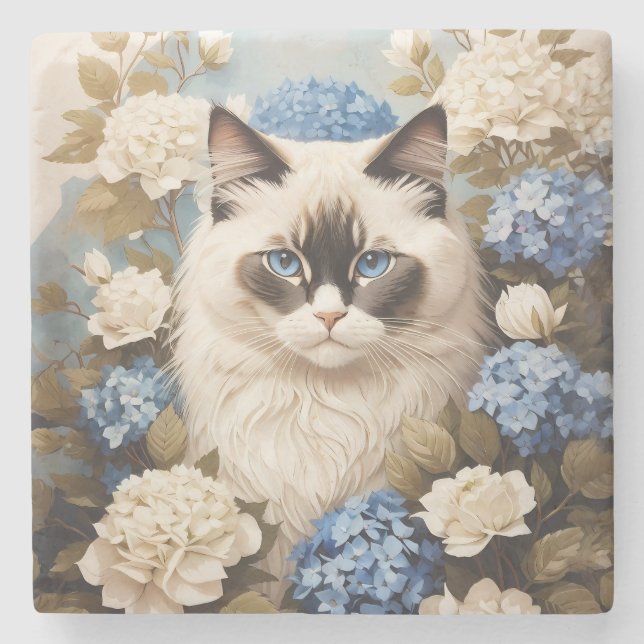 Ragdoll Katze mit Blue Hydrangea-Blume Steinuntersetzer (Vorderseite)
