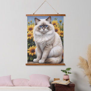 Ragdoll Katze mit Blume Whimsical Pet Wandteppich Mit Holzrahmen