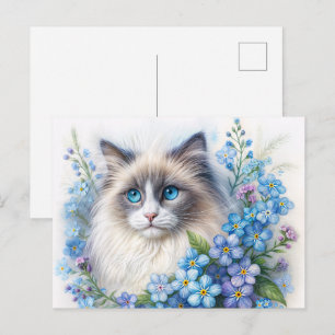 Ragdoll-Katze mit Vergissmeinnicht Postkarte