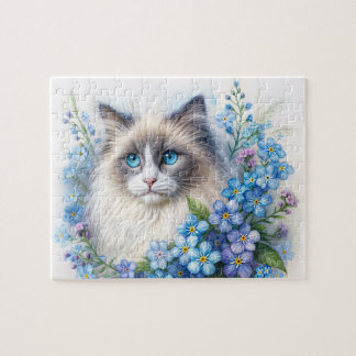 Ragdoll-Katze unter Vergissmeinnicht-Blumen Puzzle