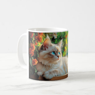 Ragdoll Katzenportrait mit Blume Kaffeetasse