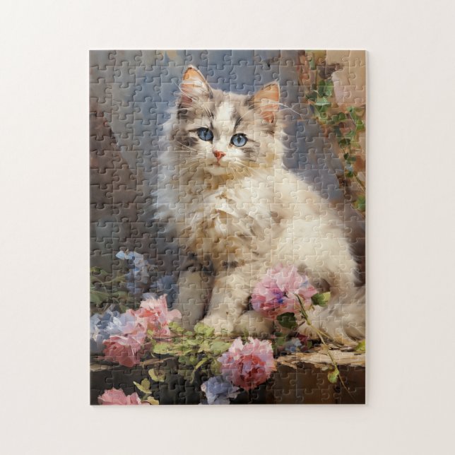 Ragdoll Katzenportrait mit Blume Puzzle (Vertikal)