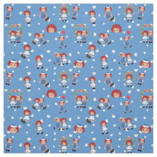 Raggedy Ann und Andy auf fallenden Herzen auf Blau Stoff