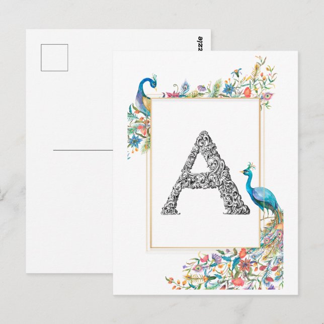 Rahmen mit Aquarell-Pfauen und Blume - A Postkarte (Vorne/Hinten)