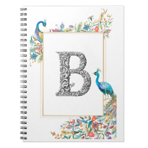 Rahmen mit Aquarell-Pfauen und Blume - B Notizblock