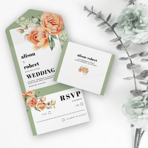 Rahmen mit Pfirsich-Rosenblüten salbeigrüne Hochze All In One Einladung