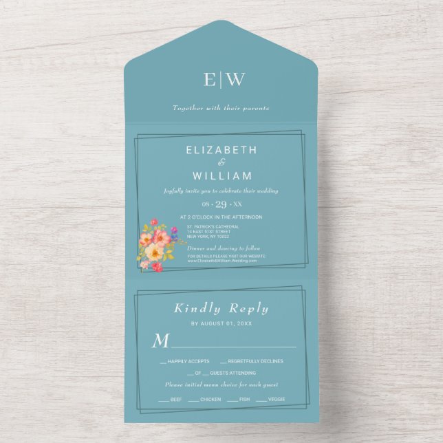 Rahmen mit Rose, Hochzeitsstil auf blau All In One Einladung (Innen Boden)