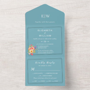 Rahmen mit Rose, Hochzeitsstil auf blau All In One Einladung