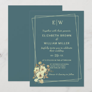 Rahmen mit Rose, Hochzeitstil auf Marine Blue Einladung