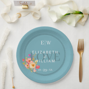 Rahmen mit Rose, Hochzeitstil auf Retro-Blau Pap Pappteller