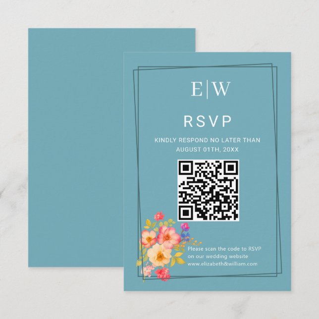 Rahmen mit Rose, Hochzeitstil auf Retroblau RSVP Karte (Vorne/Hinten)