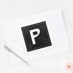 Rahmen und blühendes Monogramm Buchstabe P auf Wei Quadratischer Aufkleber