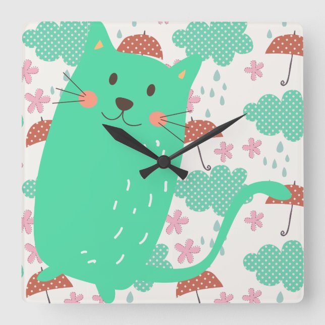 Rain Cats Quadratische Wanduhr (Vorderseite)