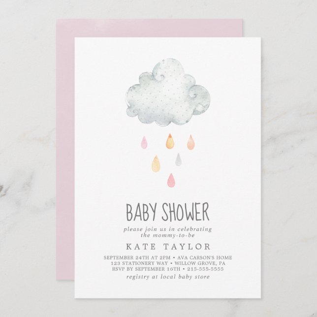 Rain Cloud Girl Babydusche Einladung (Vorne/Hinten)