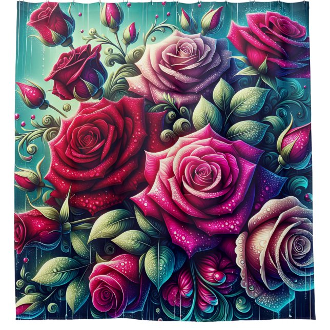 "Rain-Drenched Rose: Drops of Elegance" Duschvorhang (Vorderseite)