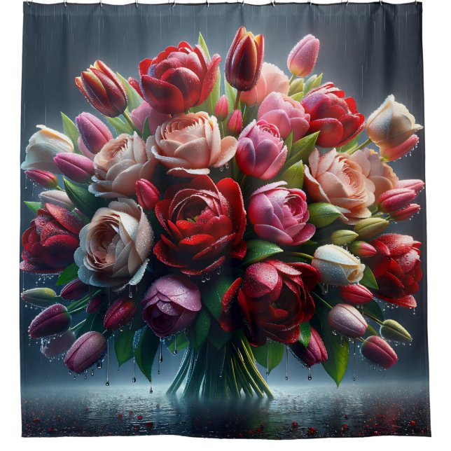 "Rain-Drenched Tulips and Rose Bouquet" Duschvorhang (Vorderseite)