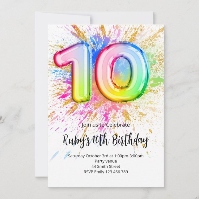 Rainbow 10th Birthday Invitation Einladung (Vorderseite)