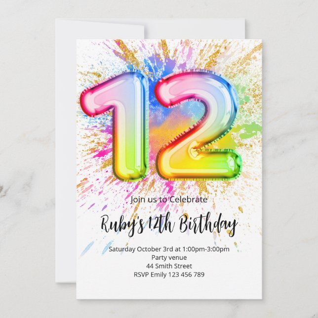 Rainbow 12th Birthday Invitation Einladung (Vorderseite)