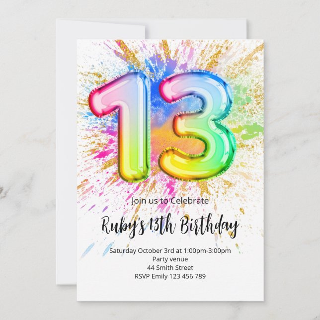 Rainbow 13th Birthday Invitation Einladung (Vorderseite)