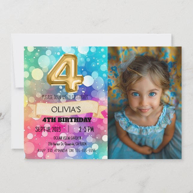 Rainbow 4 Year Old 4th Birthday Foto Girls Vier Einladung (Vorderseite)
