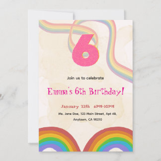 Rainbow 6th Birthday Party, Girl Invitation Einladung