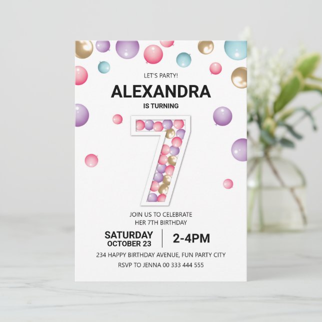 Rainbow 7th Birthday Party, Pink Balloon Girl Einladung (Stehend Vorderseite)